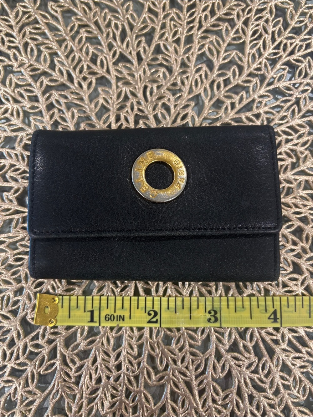 Celine Paris Black Leather key holder with Gold Accent
